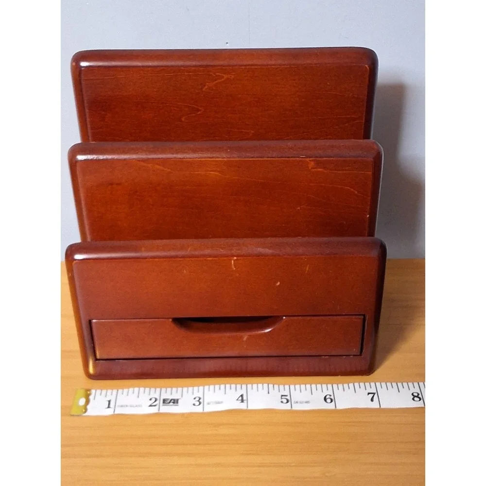 Vintage Eldon Cherry Wood 3 Tier Mail Organizer With Drawer For Office
